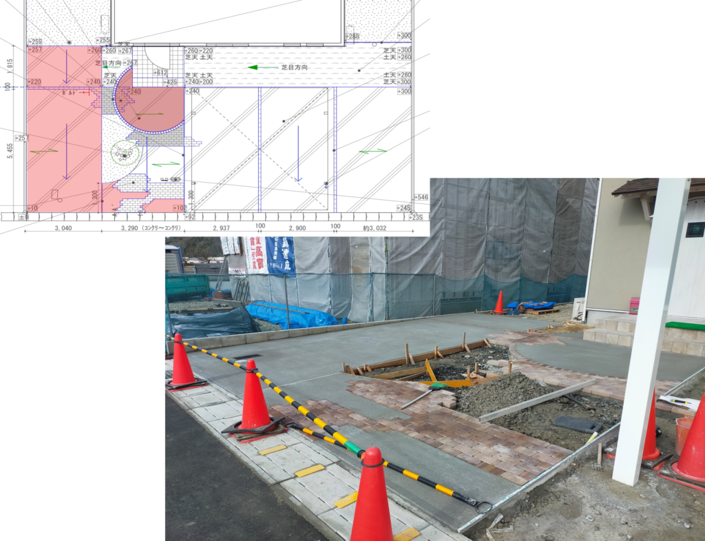 雲南市 外構工事 カーポート設置工事中の施工図と現場写真