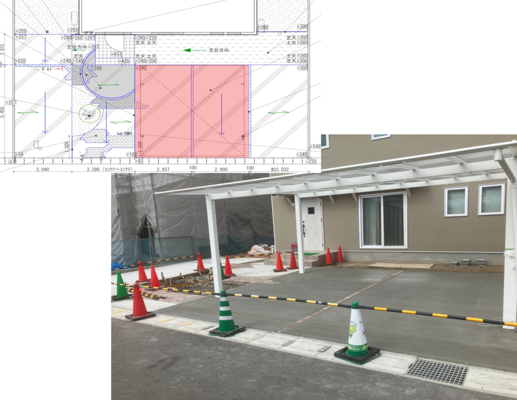 雲南市 外構工事 カーポート設置工事中の施工図と現場写真