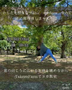 女の人が自然の緑に囲まれながらヨガをしています。