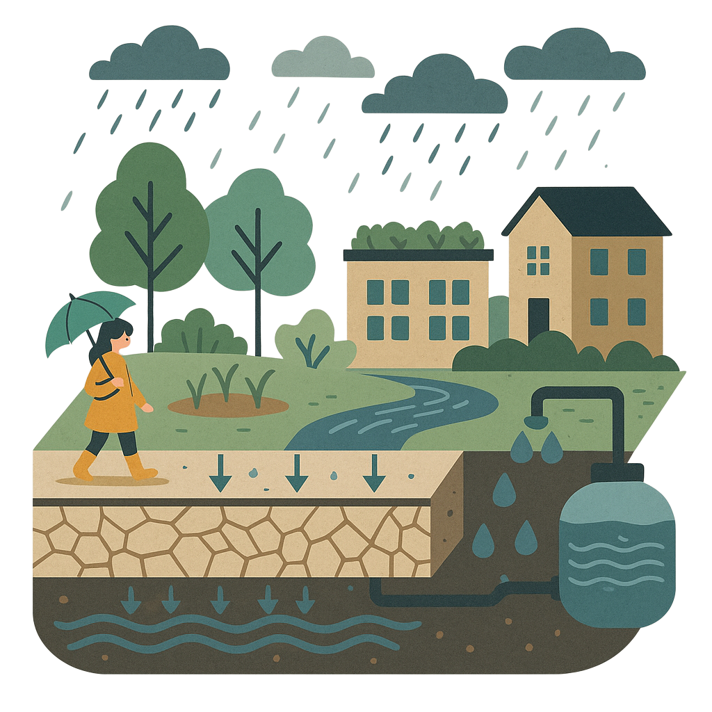 降った雨を地中へ浸透させ、流出を抑える仕組みのイメージ図