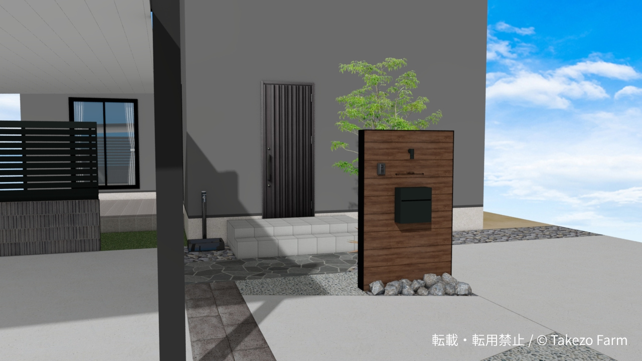 アーバンモダンの外構 木目調の門柱と乱張りのアプローチ