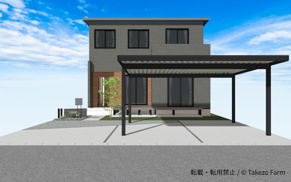 シンプルモダンの外構 建物正面とカーポート、土間コンクリート