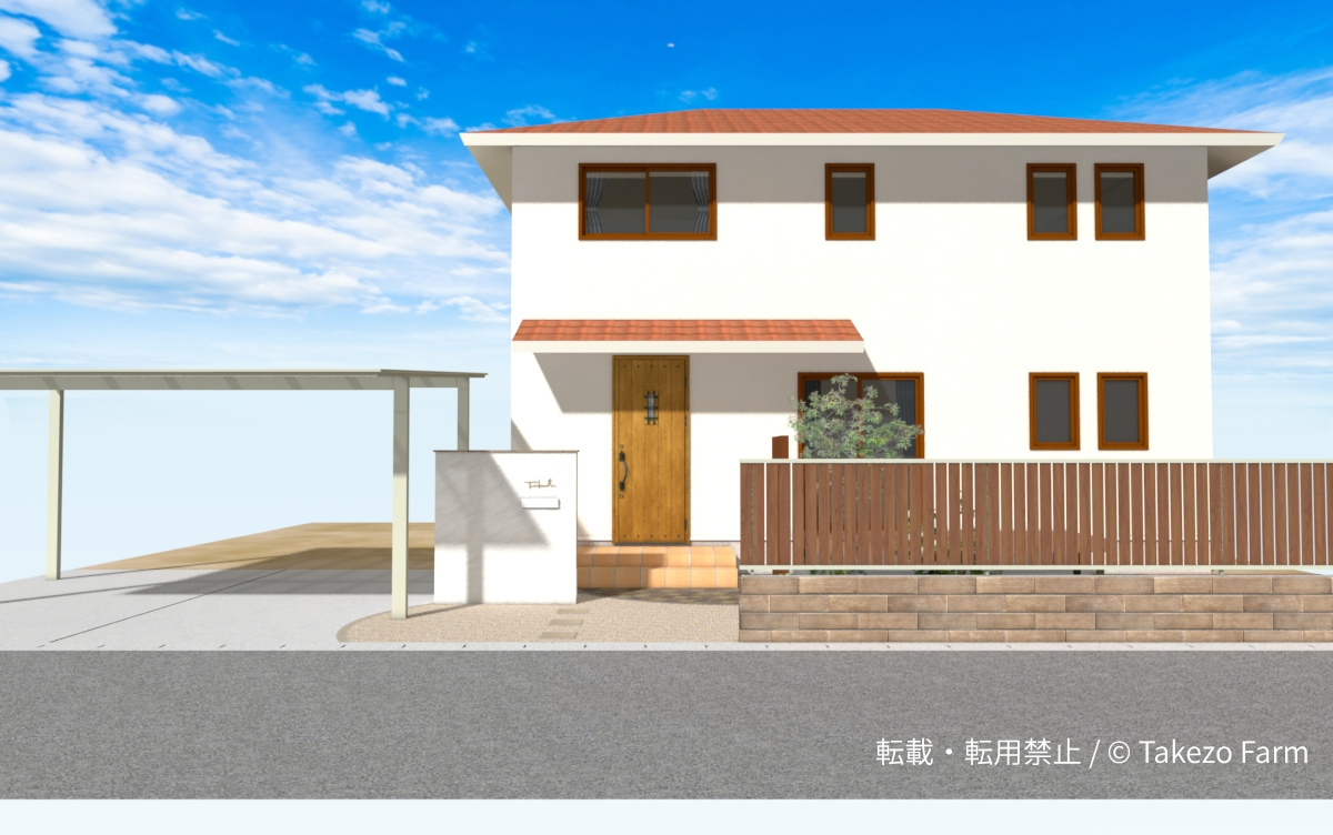 洋風モダンの外構 白壁の門柱とオレンジ瓦の建物正面、木調フェンス