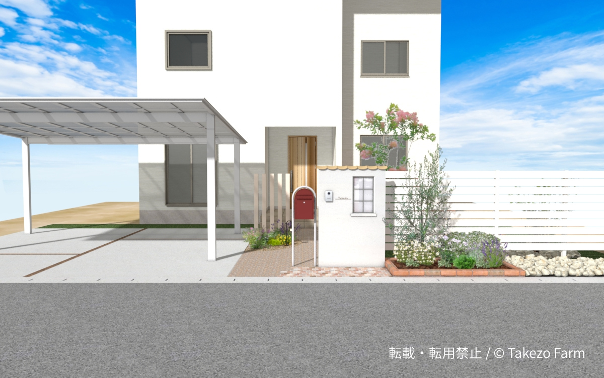 洋風ナチュラルの外構 白い塗り壁の門柱と建物正面、カーポート