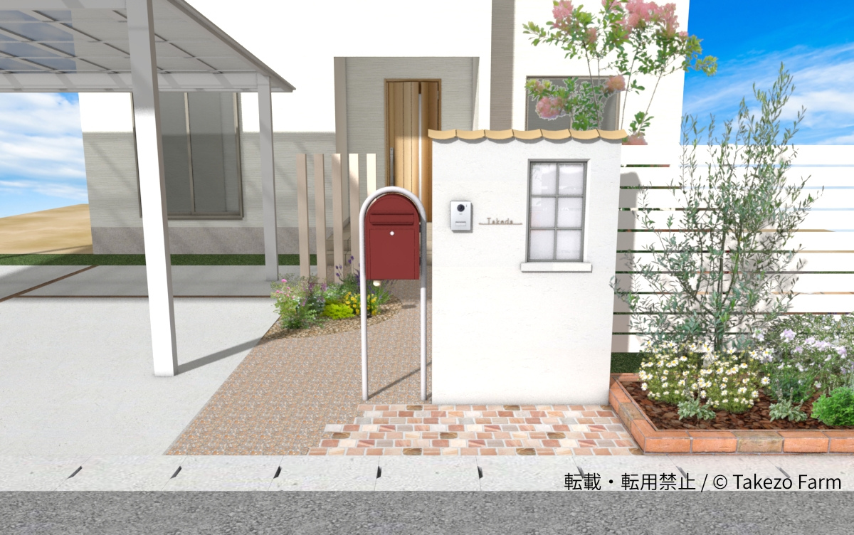 洋風ナチュラルの外構 塗り壁門柱とアーチ門扉、レンガ花壇の植栽