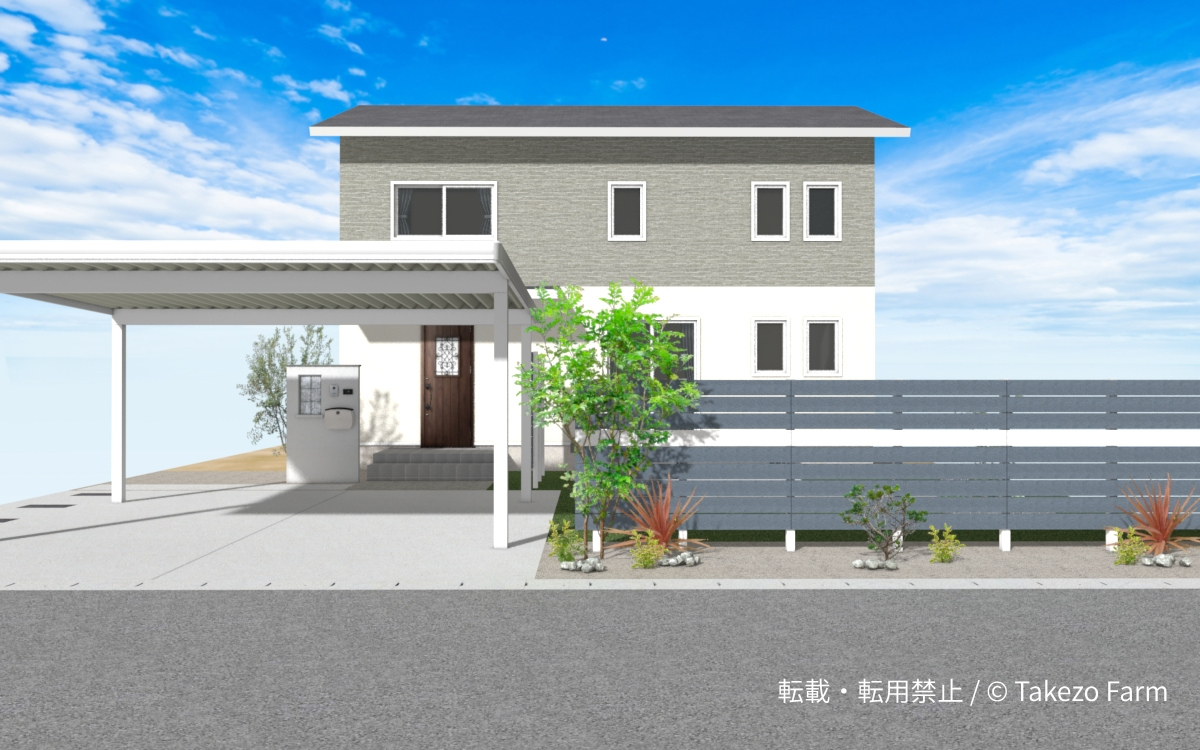 北欧スタイルの外構 白基調の建物正面とカーポート、横板フェンス