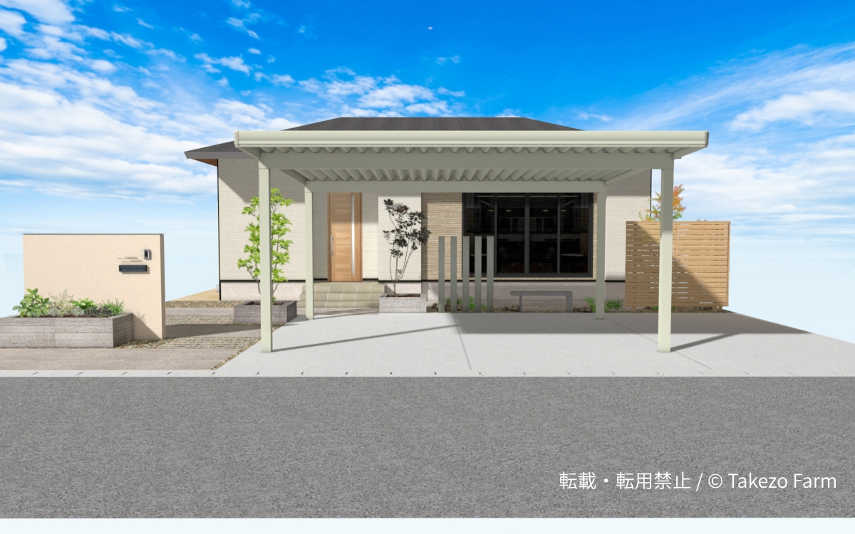 ジャパンディスタイルの外構 平屋の建物正面とカーポート、塗り壁門柱
