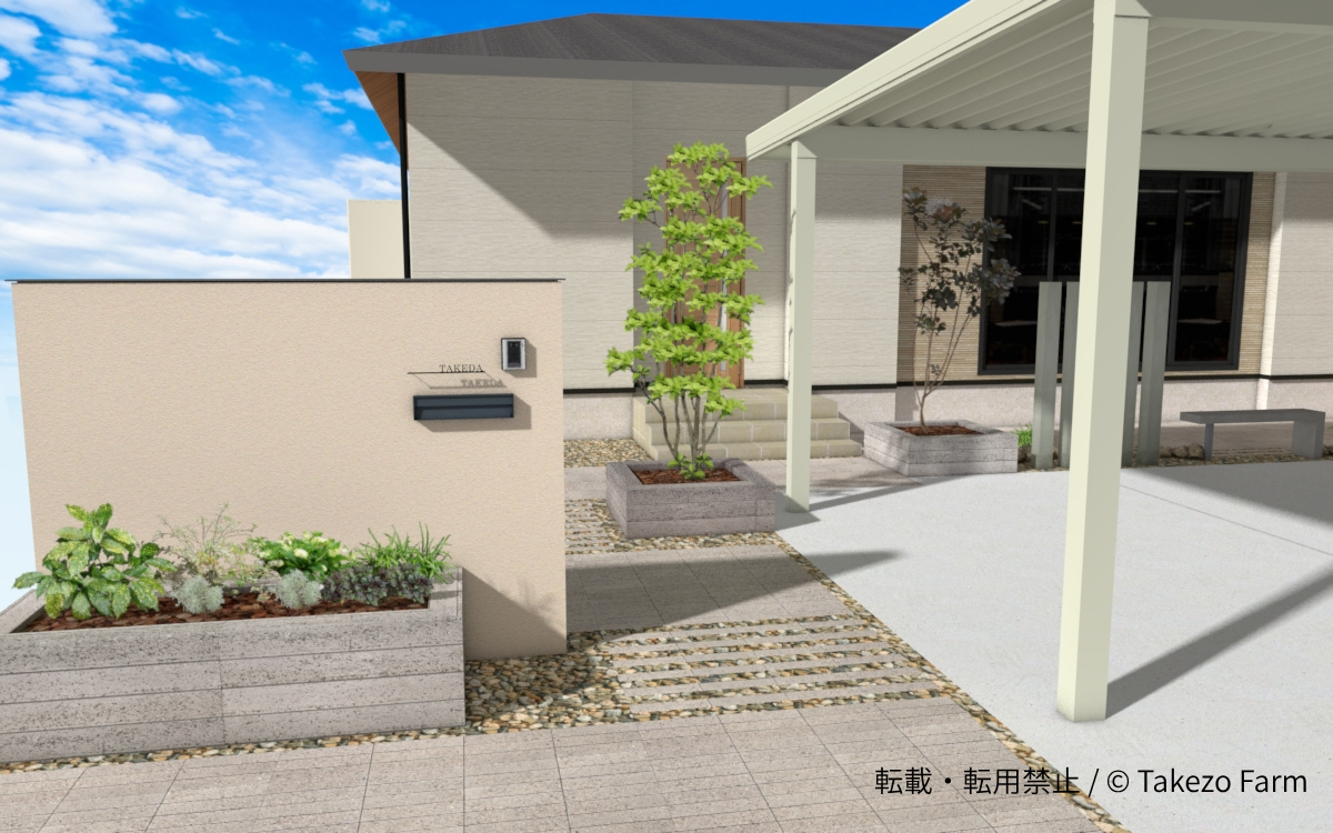 ジャパンディスタイルの外構 塗り壁門柱と石張りアプローチ、植栽の花壇