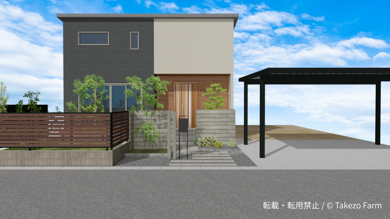 ナチュラルモダンの外構 建物正面とカーポート、木調フェンス