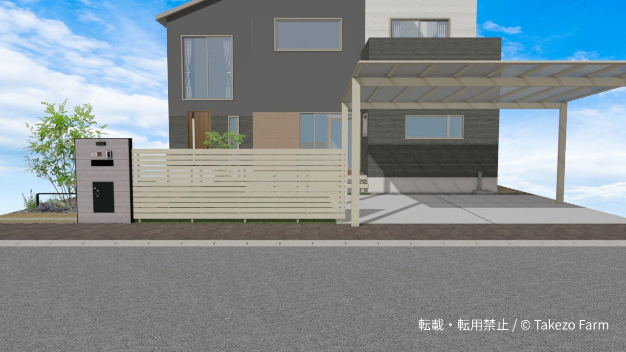 ナチュラルモダンの外構 建物正面と木調の目隠しフェンス、カーポート