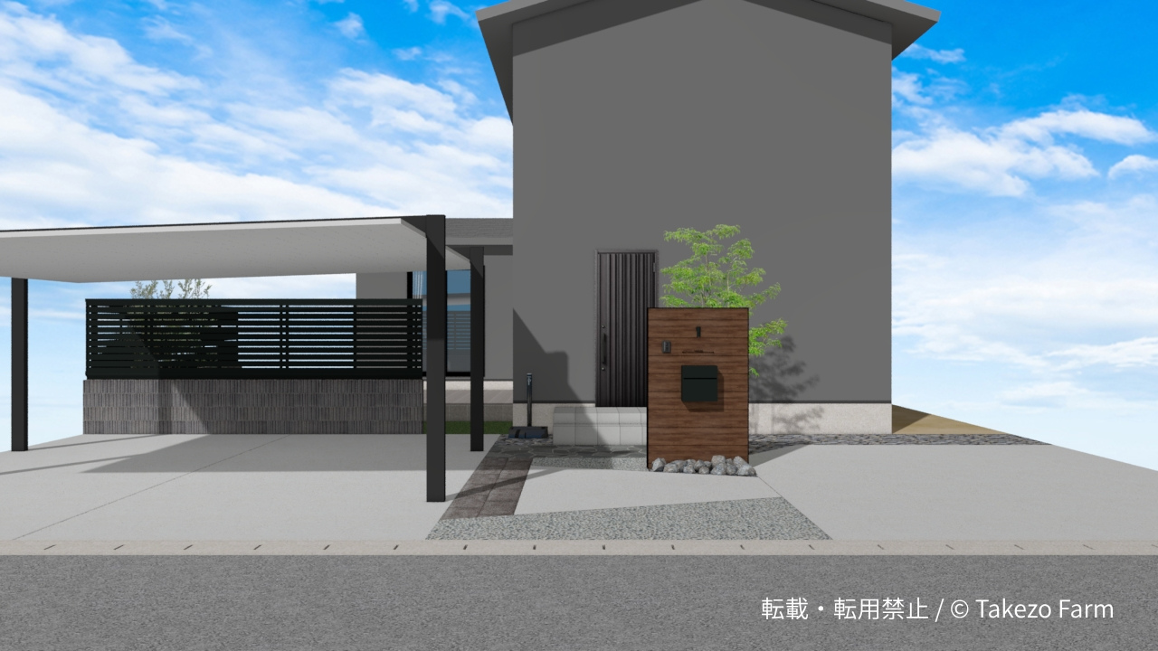 アーバンモダンの外構 グレー外壁の建物正面とカーポート