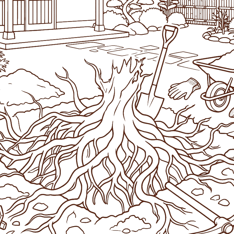 地中に広く張り巡らされた木の根と抜根作業のイラスト