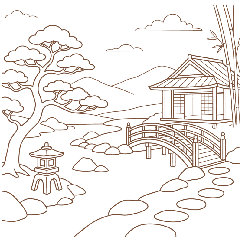 松や灯籠のある日本庭園と離れのイラスト