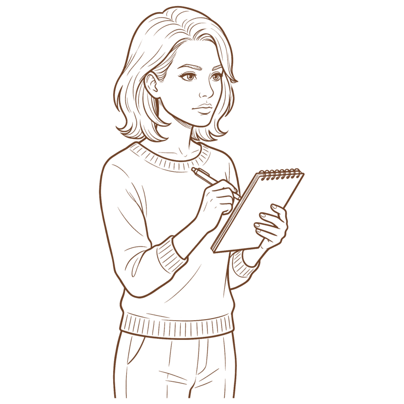 メモ帳を手に考えている女性のイラスト