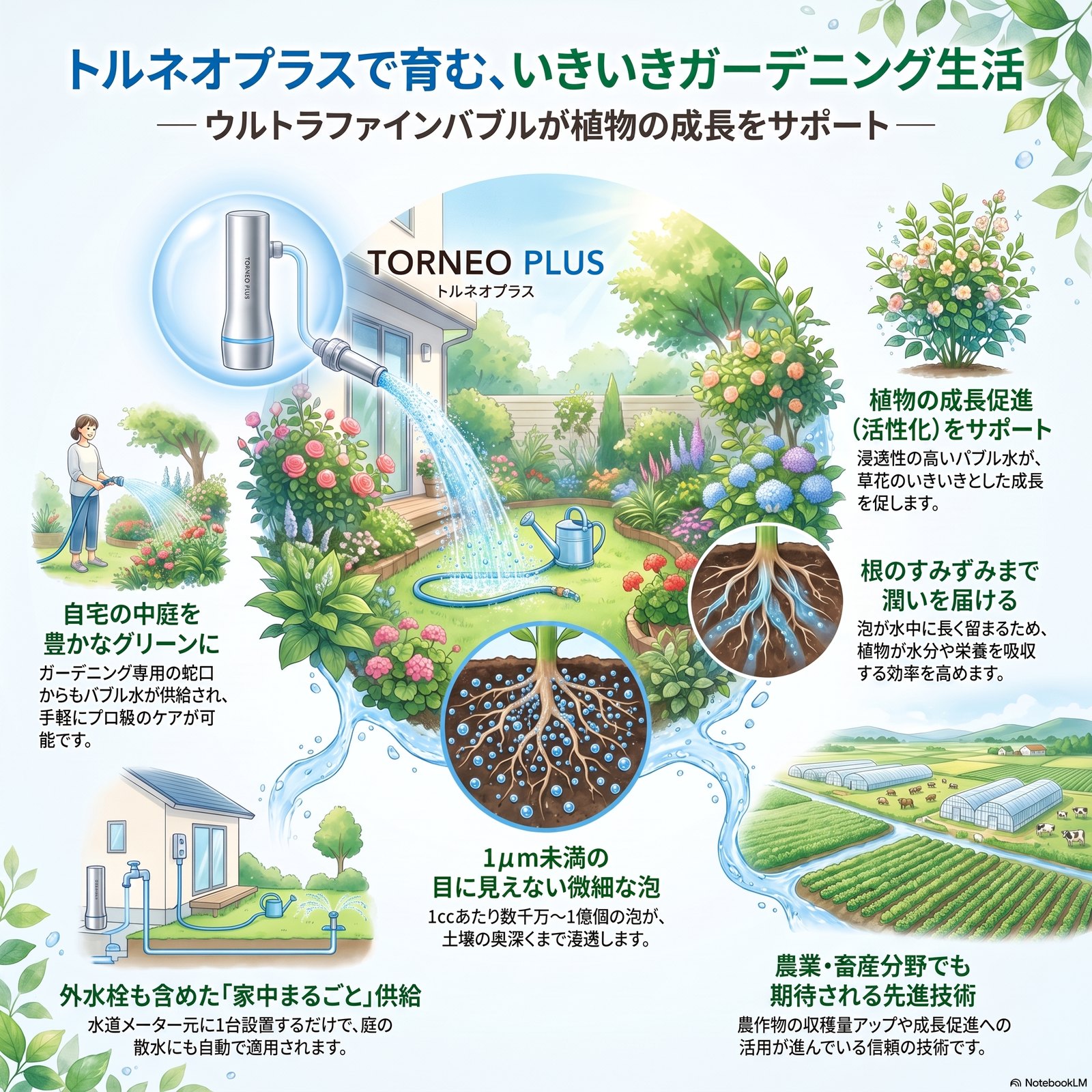 トルネオプラスのウルトラファインバブル水を庭の水やりに使うイメージ図。外水栓からも供給され、微細な泡が土の中まで浸透する様子